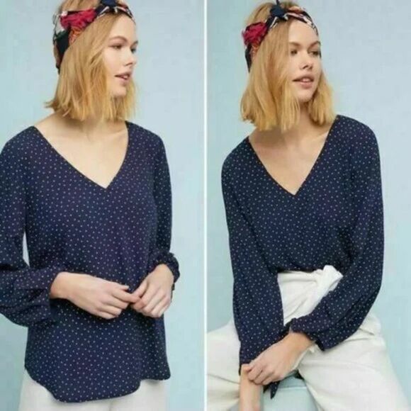 Maeve by Anthropologie Pernille Tie-Sleeve Polka Dot Blouse Size Small - Picture 1 of 12